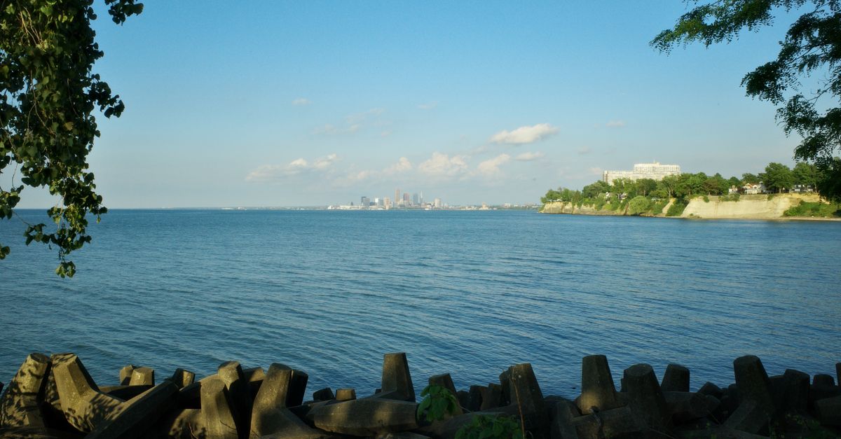 Scenic view of Cleveland skyline across Lake Erie seen from a lakeside park during summer.